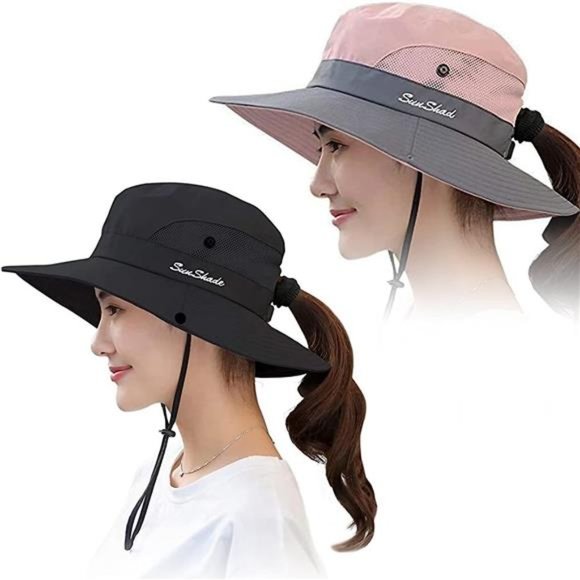 2 Pack Women's Outdoor UV Protection Sun Hats Mesh Beach Fishing Ponytail Hole - Picture 7 of 7